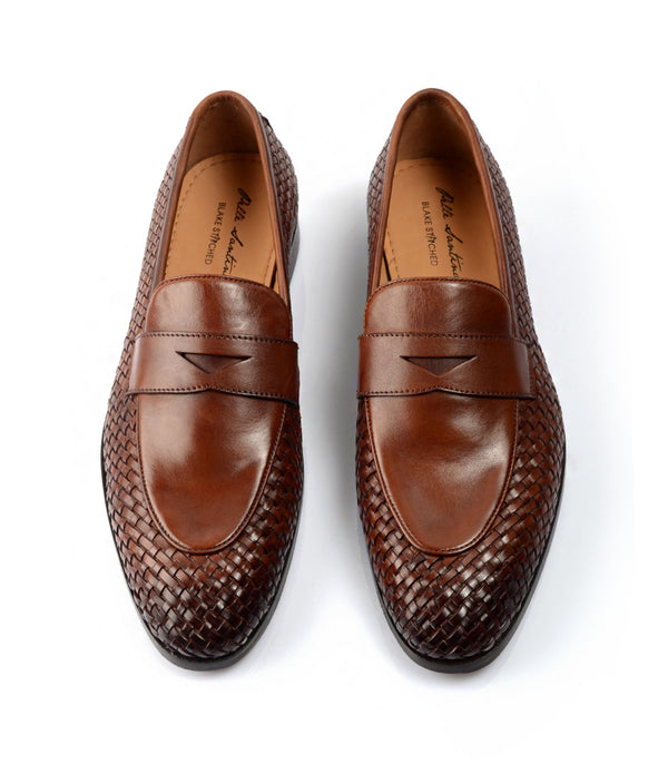 Pelle Santino - blake stitched - Hanwoven Penny Loafers - Cognac