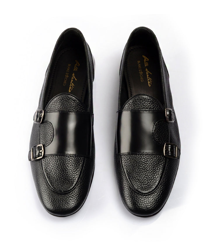 Pelle Santino - Black Milled Double Monk Loafers - Ultra-Flex