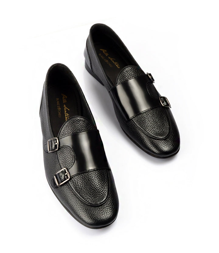 Pelle Santino - Black Milled Double Monk Loafers - Ultra-Flex