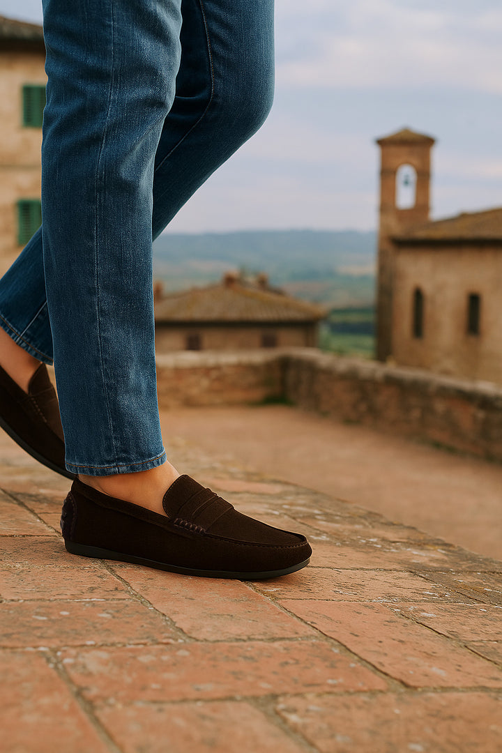 Suede Penny Driving Loafer - Brown - Pelle Santino - Best driving shoes in India 
