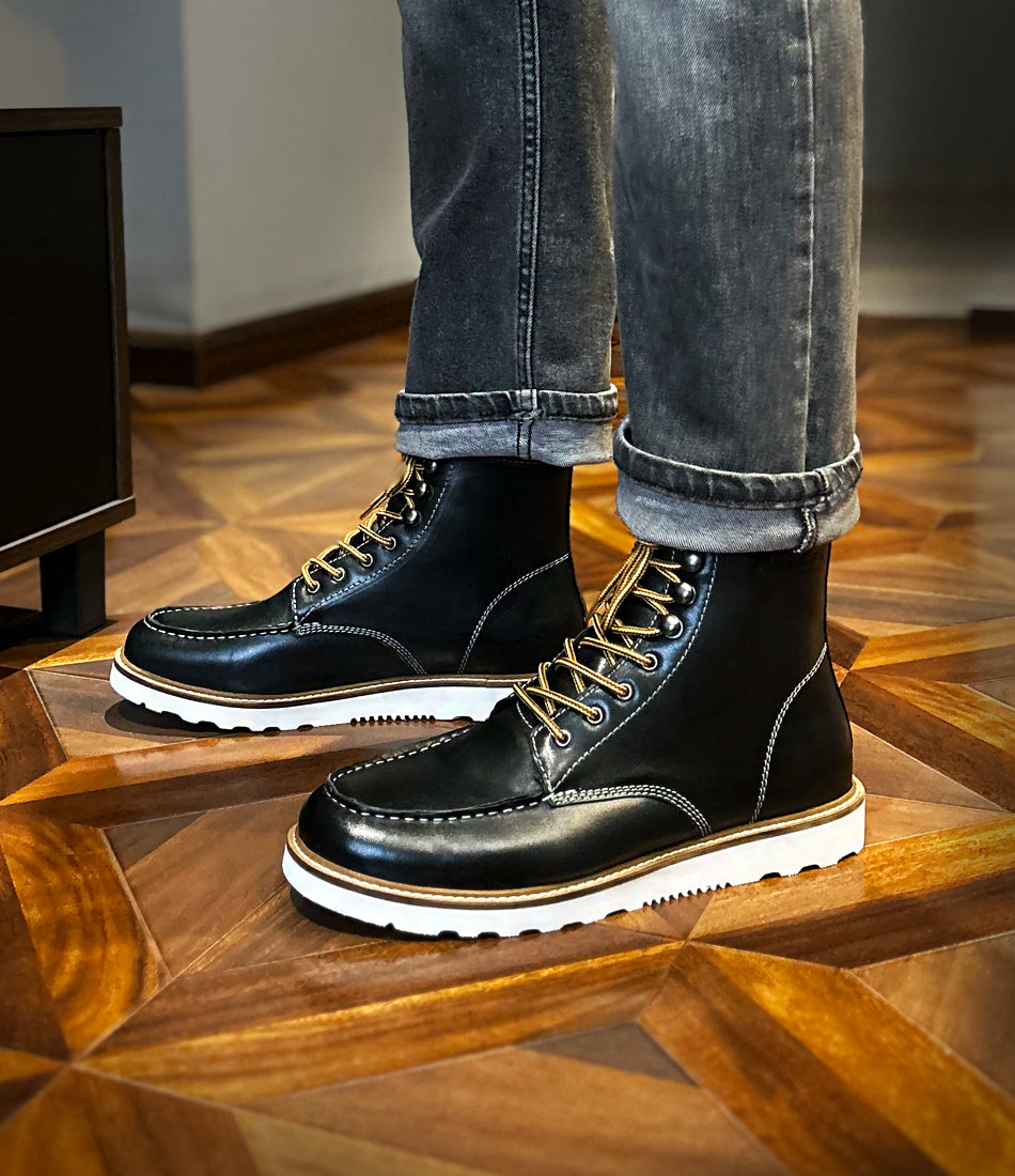 Leather moc cheap toe boots