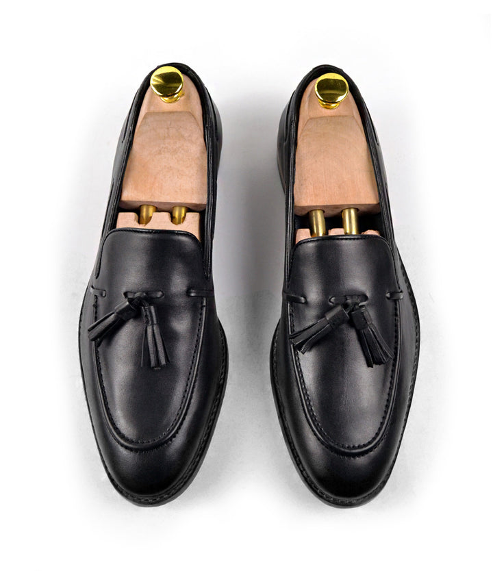 The dapper man - pelle Santino - Black Tassel Loafers - best blake stitched leather shoes in India