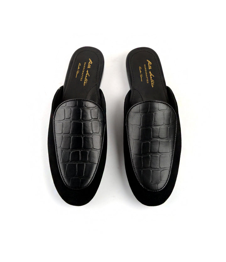 Pelle Santino - Black Combination Croc Mule - Handmade Leather Mule India
