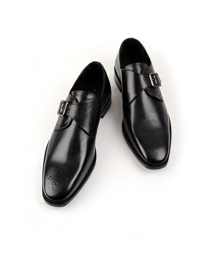 Pelle Santiino -Medallion Toe Single Monk - Black - Blake Stitched Best leather shoe India