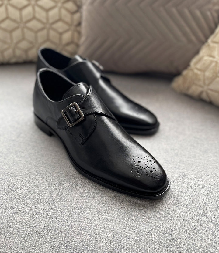 Pelle Santino Medallion Toe Single Monks Black Blake stitch