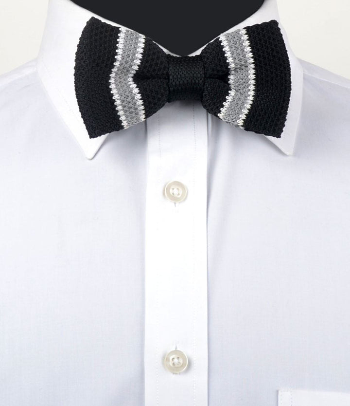 Black with Grey & White Stripes Knitted Bow Tie - The Dapper Man