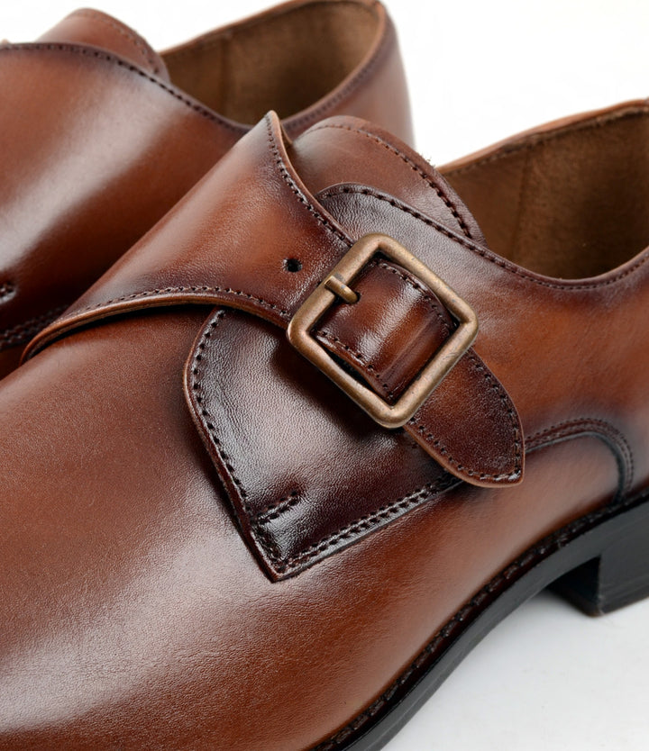 Pelle Santino - Medallion Toe Single Monk - Cognac - Best Handmade Leather Shoe India Blake Stitch